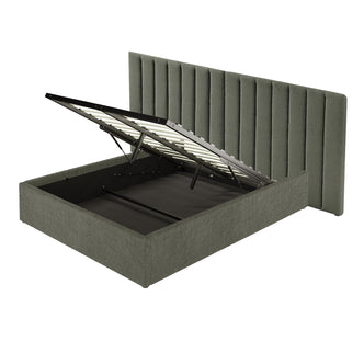 Aquila Queen Boucle Headboard & Fabia Storage Bed Base Set in Green, featuring a tall, vertically-channeled headboard and a gas-lift storage base with a muted green-gray textured fabric.