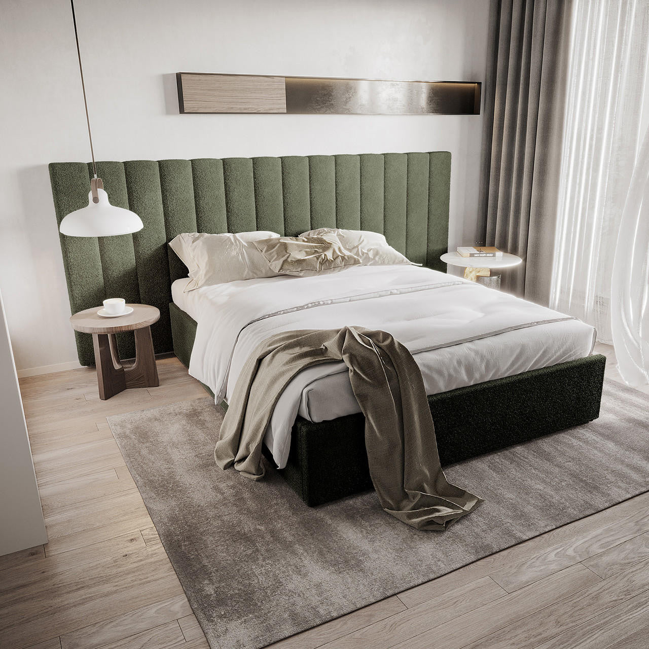 Aquila Queen Boucle Headboard & Fabia Storage Bed Base Set in Green features a tall, channel-stitched headboard with white bedding and a sage throw, complemented by a floating shelf and elegant bedside tables.