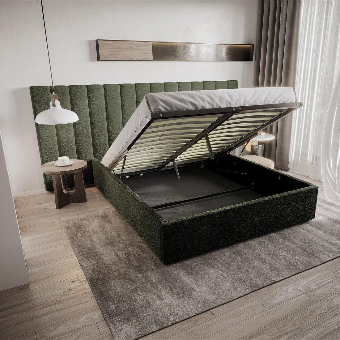 Aquila Queen Boucle Headboard & Fabia Storage Bed Base Set in Green features a moss-green upholstered bed with a channel-tufted headboard and a propped-up platform revealing the under-bed storage compartment.