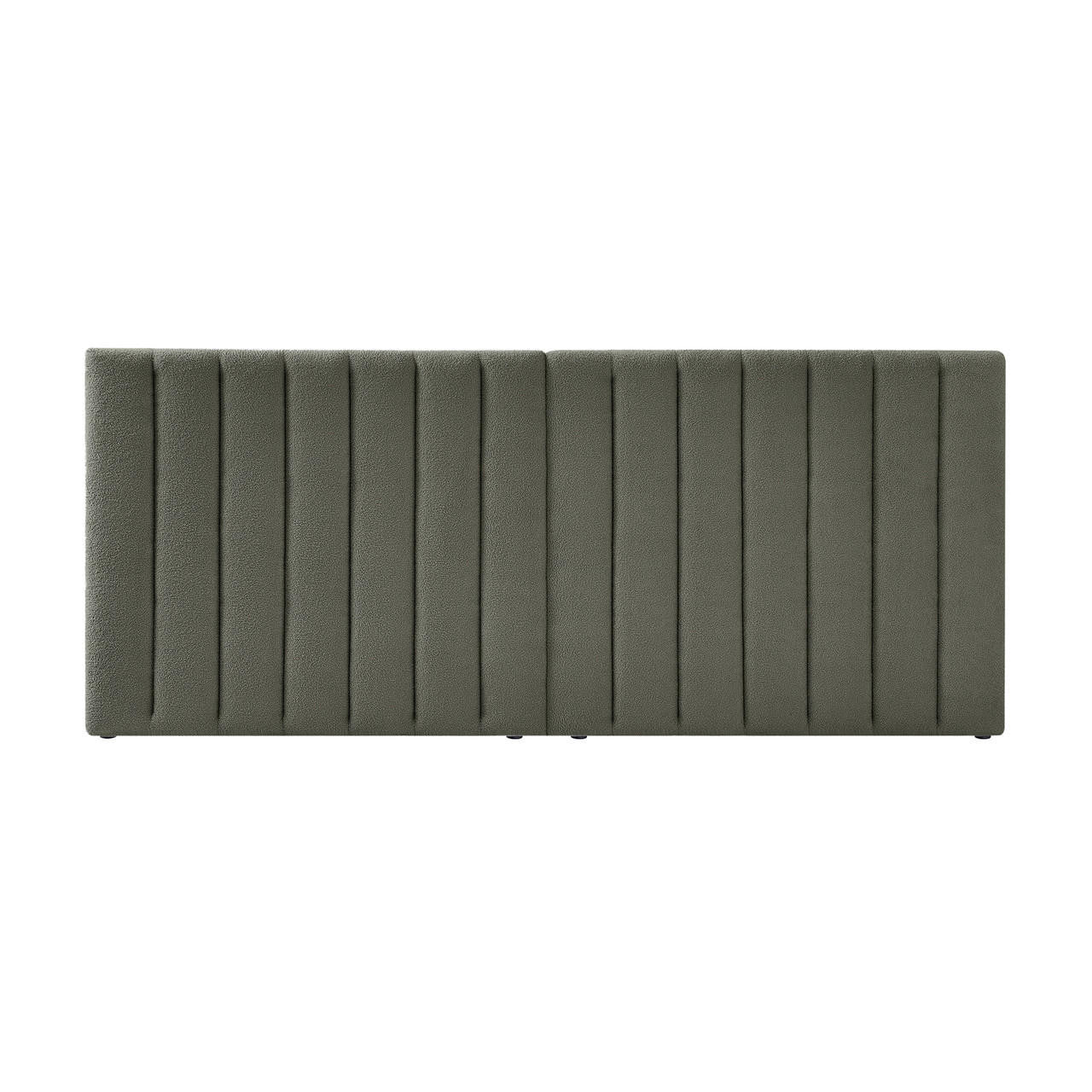 Aquila Queen Boucle Headboard & Fabia Storage Bed Base Set in Green, featuring an olive-green, channel-tufted upholstered bench, highlighting luxury and practicality through its sleek, modern design.