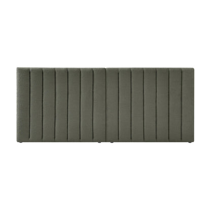 Aquila Queen Boucle Headboard & Fabia Storage Bed Base Set in Green, featuring an olive-green, channel-tufted upholstered bench, highlighting luxury and practicality through its sleek, modern design.