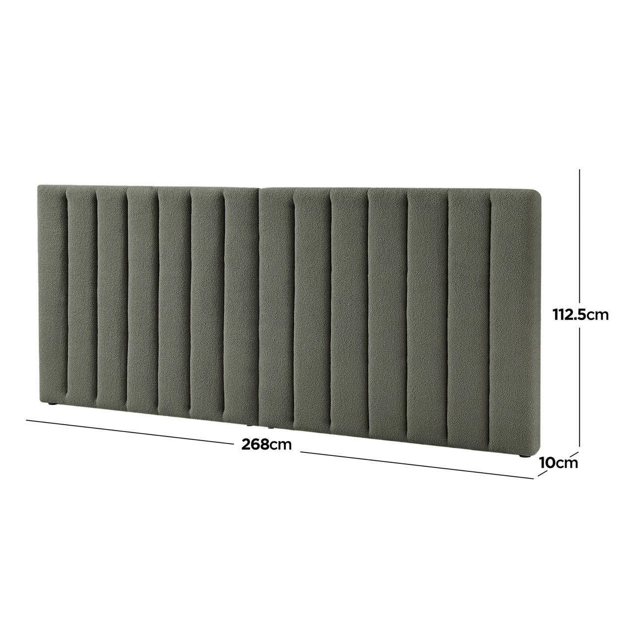 Aquila Queen Boucle Headboard & Fabia Storage Bed Base Set in Green, showcasing a wide, channel-tufted headboard in bouclé fabric, designed for style and practicality with hidden storage beneath.