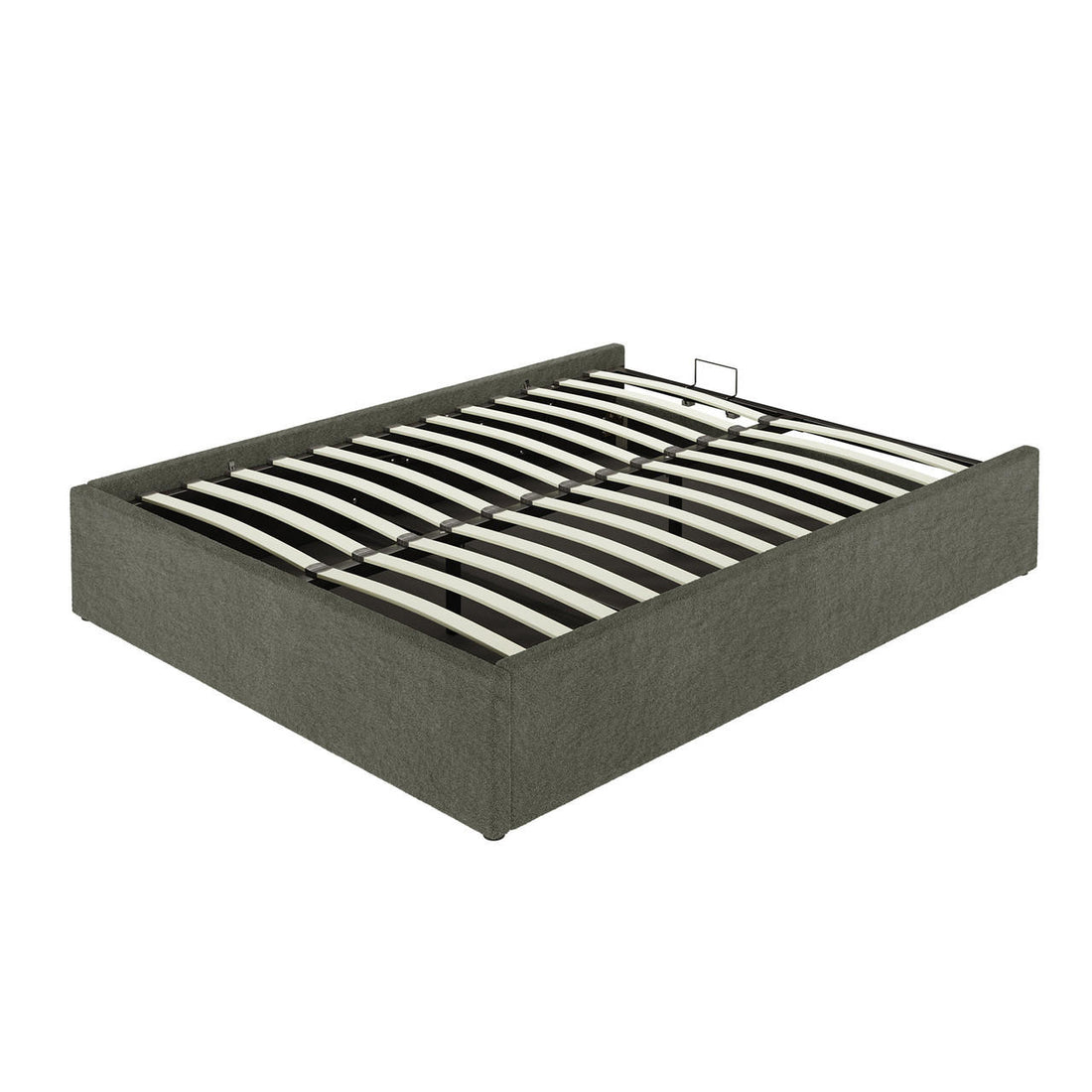 Aquila Queen Boucle Headboard & Fabia Storage Bed Base Set in Green: Low-profile platform bed with curved wooden slats, upholstered extra-wide headboard, and hidden storage beneath via gas lift mechanism.