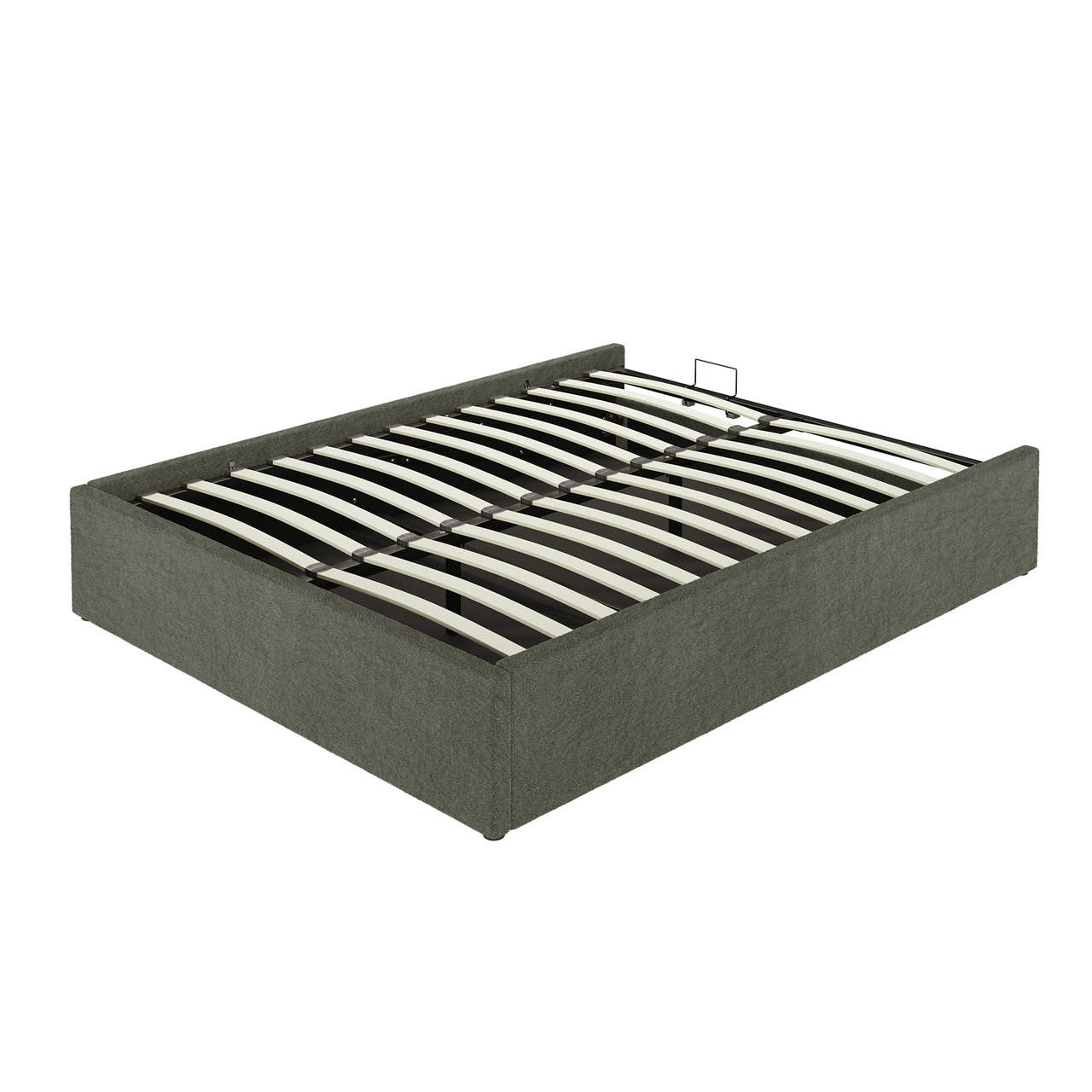 Aquila Queen Boucle Headboard & Fabia Storage Bed Base Set in Green: Low-profile platform bed with curved wooden slats, upholstered extra-wide headboard, and hidden storage beneath via gas lift mechanism.