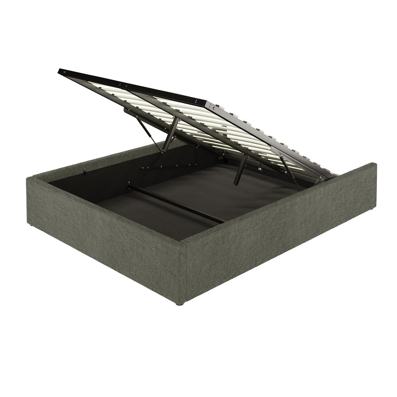 Aquila Queen Boucle Headboard & Fabia Storage Bed Base Set in Green features a hinged slatted frame revealing spacious under-bed storage, supported by gas-strut arms for easy access.