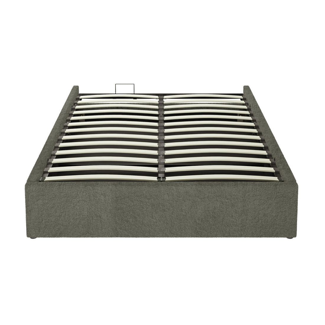 Aquila Queen Boucle Headboard & Fabia Storage Bed Base Set in Green, featuring a gray upholstered platform frame with curved wooden slats and a central support rail for stability.