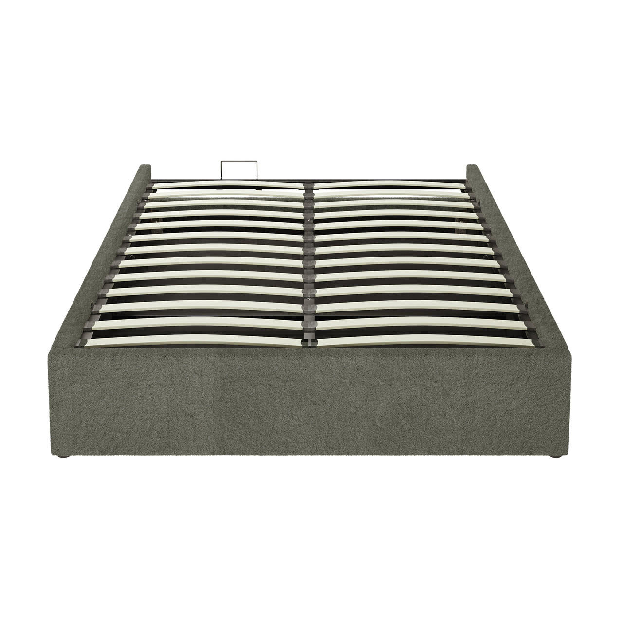 Aquila Queen Boucle Headboard & Fabia Storage Bed Base Set in Green, featuring a gray upholstered platform frame with curved wooden slats and a central support rail for stability.