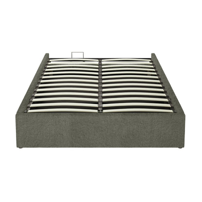 Aquila Queen Boucle Headboard & Fabia Storage Bed Base Set in Green, featuring a gray upholstered platform frame with curved wooden slats and a central support rail for stability.