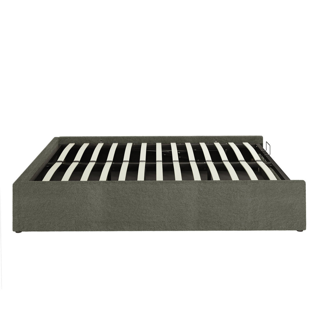 Aquila Queen Boucle Headboard & Fabia Storage Bed Base Set in Green, showcasing a gray, upholstered platform-style bed frame with wooden slats, designed for mattress support without a traditional box spring.