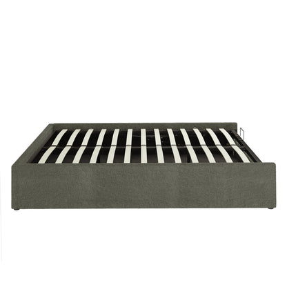 Aquila Queen Boucle Headboard & Fabia Storage Bed Base Set in Green, showcasing a gray, upholstered platform-style bed frame with wooden slats, designed for mattress support without a traditional box spring.