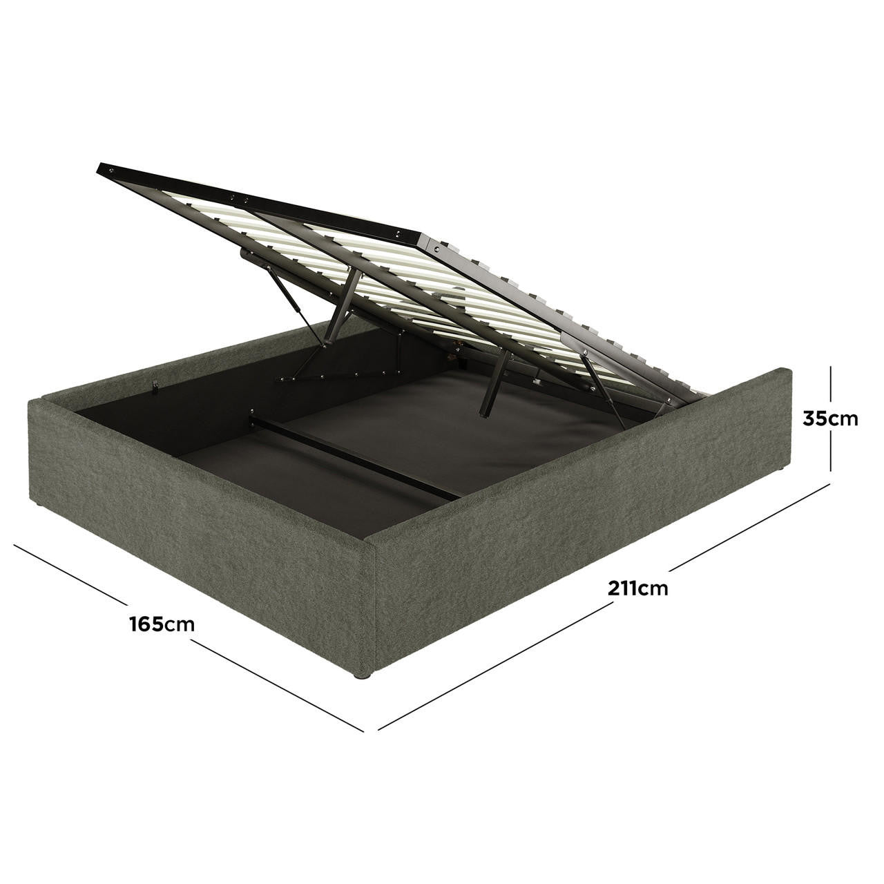 Aquila Queen Boucle Headboard & Fabia Storage Bed Base Set in Green, featuring an upholstered bed base with slatted metal frame on gas springs, revealing spacious under-bed storage. Dimensions: 165cm wide × 211cm long.