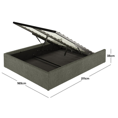 Aquila Queen Boucle Headboard & Fabia Storage Bed Base Set in Green, featuring an upholstered bed base with slatted metal frame on gas springs, revealing spacious under-bed storage. Dimensions: 165cm wide × 211cm long.