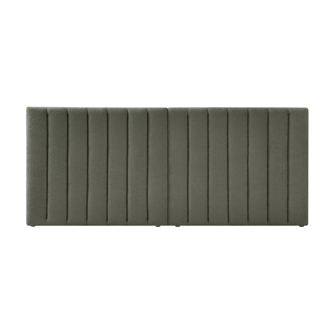 Aquila Queen Extra Wide Bouclé Headboard in Green, featuring a long, rectangular design with vertically-channeled upholstery in muted olive-green fabric, showcased on a plain white background.