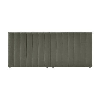 Aquila Queen Extra Wide Bouclé Headboard in Green, featuring a long, rectangular design with vertically-channeled upholstery in muted olive-green fabric, showcased on a plain white background.