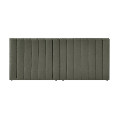 Aquila Queen Extra Wide Bouclé Headboard in Green, featuring a long, rectangular design with vertically-channeled upholstery in muted olive-green fabric, showcased on a plain white background.