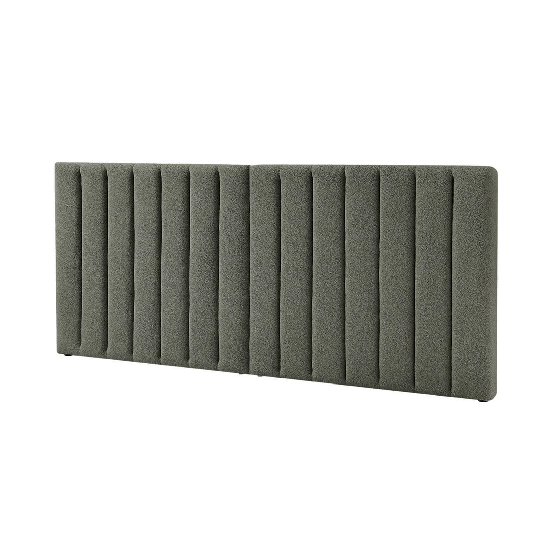 Aquila Queen Extra Wide Bouclé Headboard in Green, showcasing a long, rectangular design with vertically channel-tufted bouclé fabric in a muted olive/gray tone, exuding modern elegance and plush comfort.