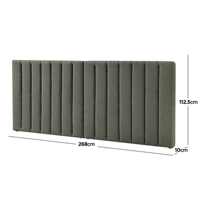 Aquila Queen Extra Wide Bouclé Headboard in Green, upholstered with textured boucle fabric, features vertical channel tufting and a low-profile design. Dimensions: 268cm wide, 112.5cm high, 10cm thick.