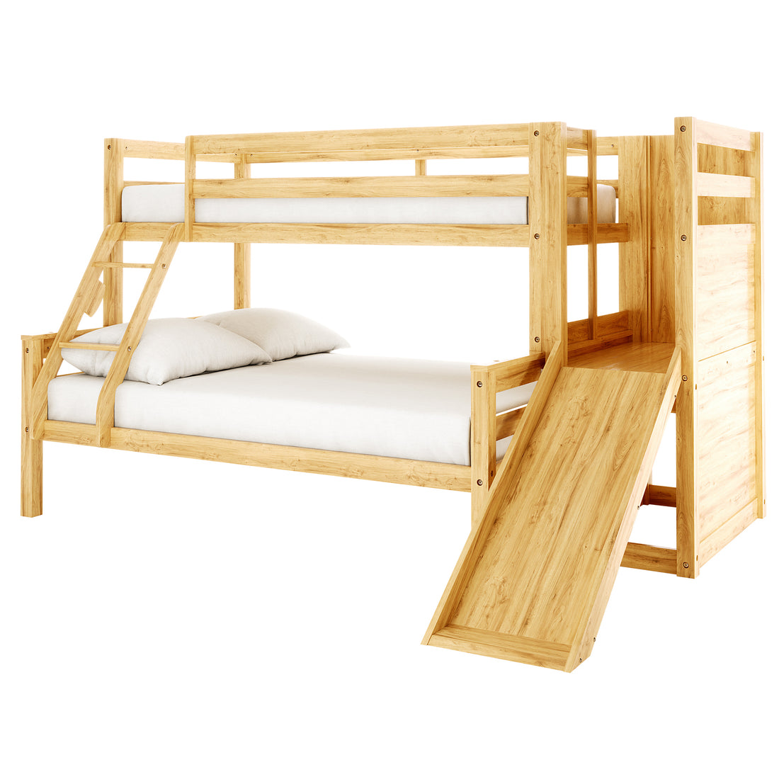 Harel Solid Pine Wood Triple Bunk Bed with Slide in Natural, featuring a top bunk with guardrails, built-in ladder, exciting slide, and a larger lower bunk, ideal for adventurous children's bedrooms.