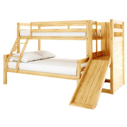 Harel Solid Pine Wood Triple Bunk Bed with Slide in Natural, featuring a top bunk with guardrails, built-in ladder, exciting slide, and a larger lower bunk, ideal for adventurous children's bedrooms.