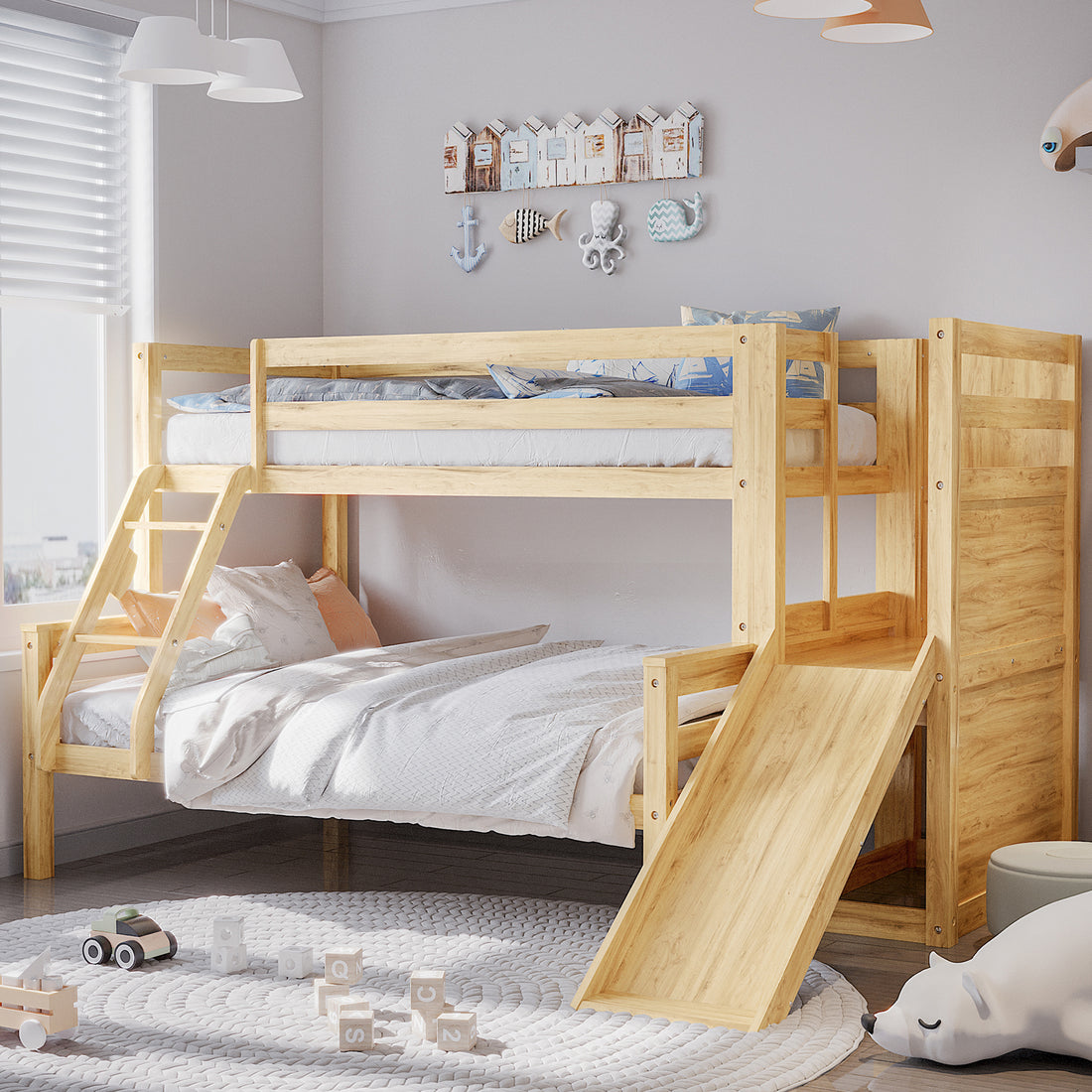 Harel Solid Pine Wood Triple Bunk Bed with Slide in Natural, featuring a play structure design, secure ladder, and seaside-themed decor, set in a bright children's room with toys scattered on a woven rug.