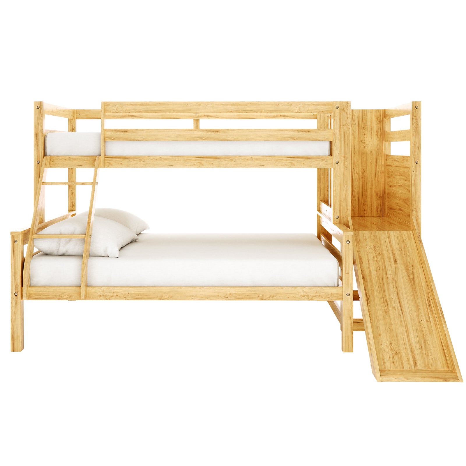 Harel Solid Pine Wood Triple Bunk Bed with Slide in Natural, featuring a two-tier design with perpendicular lower bunk, short ladder, and built-in slide, crafted from light-colored wood for children’s bedroom.