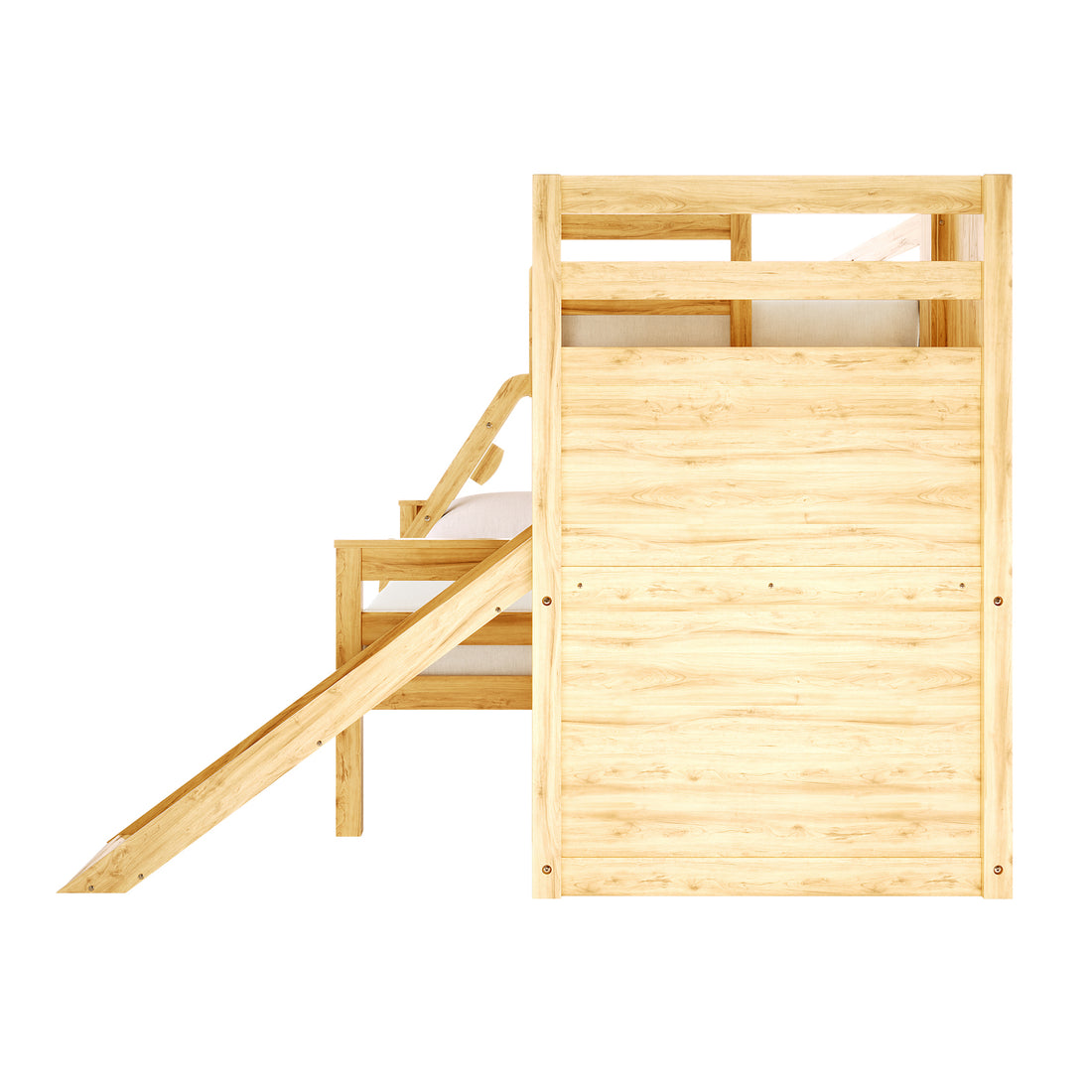 Harel Solid Pine Wood Triple Bunk Bed with Slide in Natural features a raised sleeping platform, safety rails, a sloping wooden slide, and a cushioned seating area beneath, combining play and functionality.