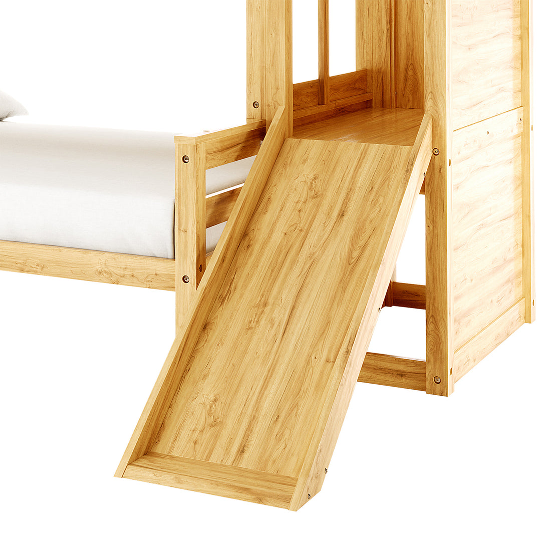 Harel Solid Pine Wood Triple Bunk Bed with Slide in Natural, featuring a light wood slide with raised edges attached to the loft bed, emphasizing playful design and structural integration.