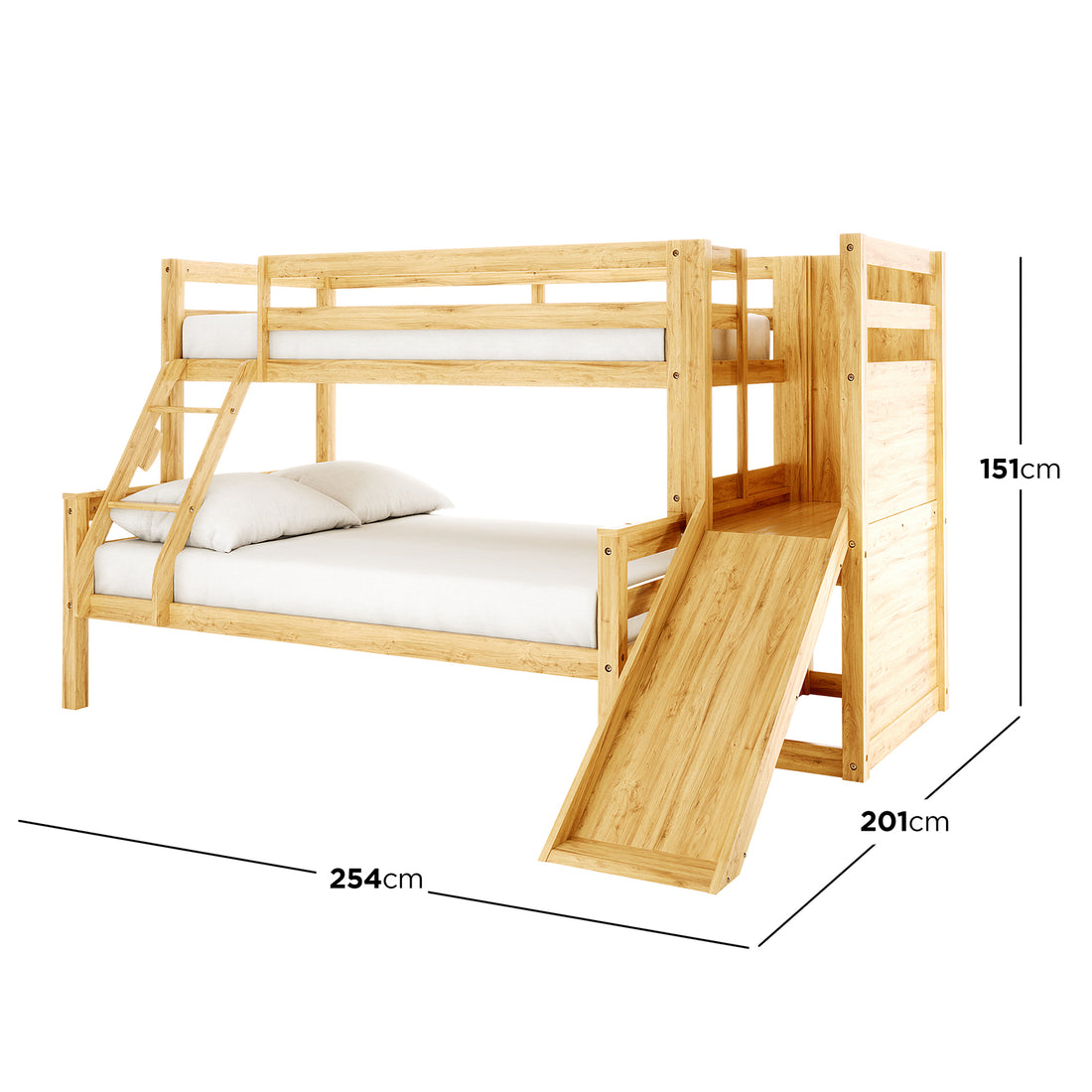 Harel Solid Pine Wood Triple Bunk Bed with Slide in Natural features a lofted top bunk above a lower bed, angled ladder, built-in slide, and guardrails, designed for playful and safe children's spaces.