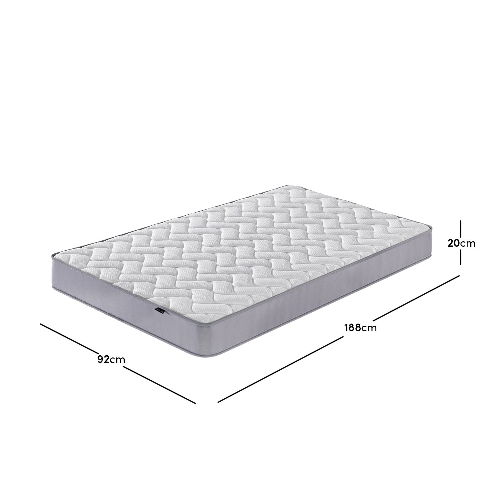 Harel & Vesta Slide Bunk Bed & Vesta Mattress Set in Natural features a white quilted, wave-stitched, single-size mattress with light gray sides, measuring 92x188x20cm, displayed on a white background.