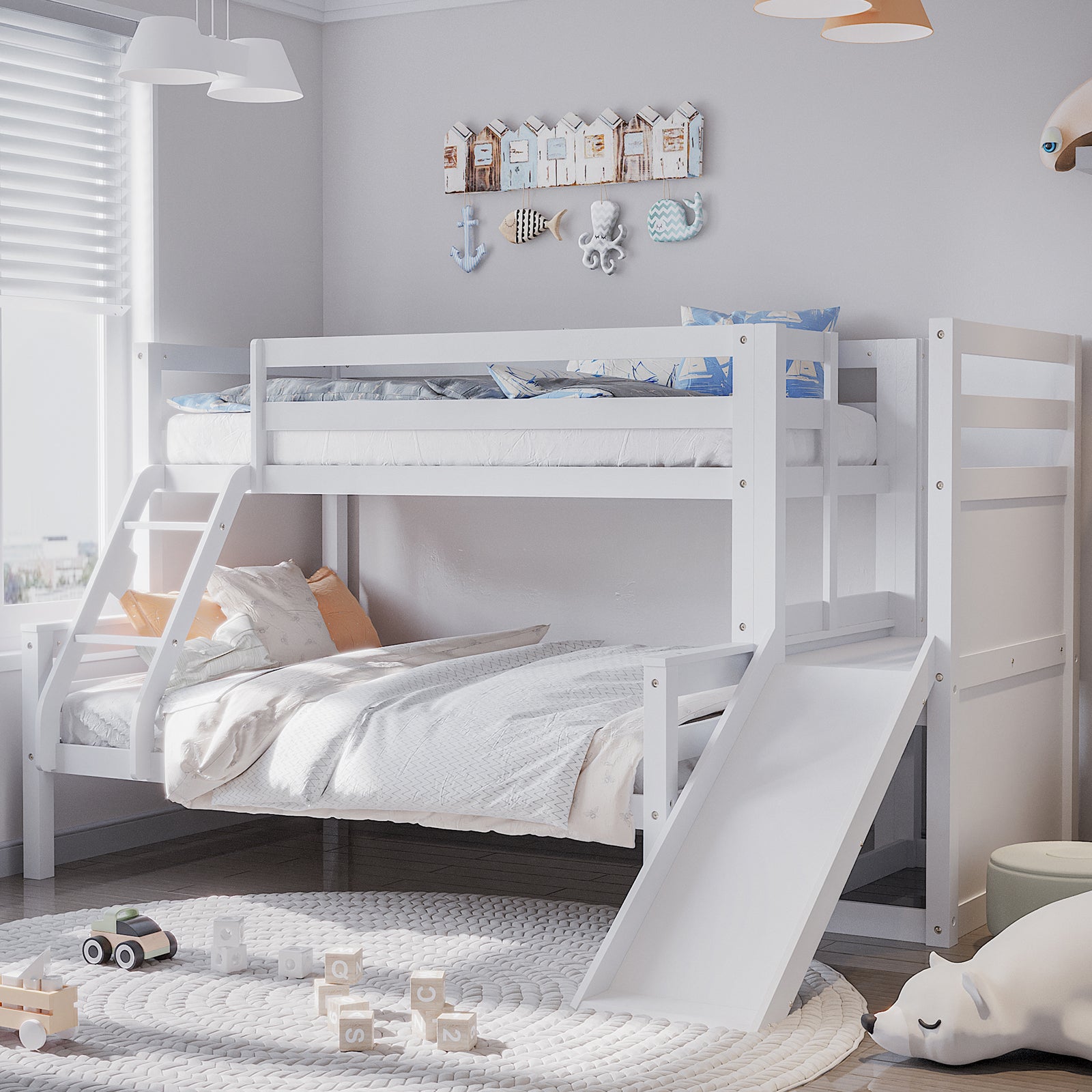 Harel Solid Pine Wood Triple Bunk Bed with Slide in White – Luxo