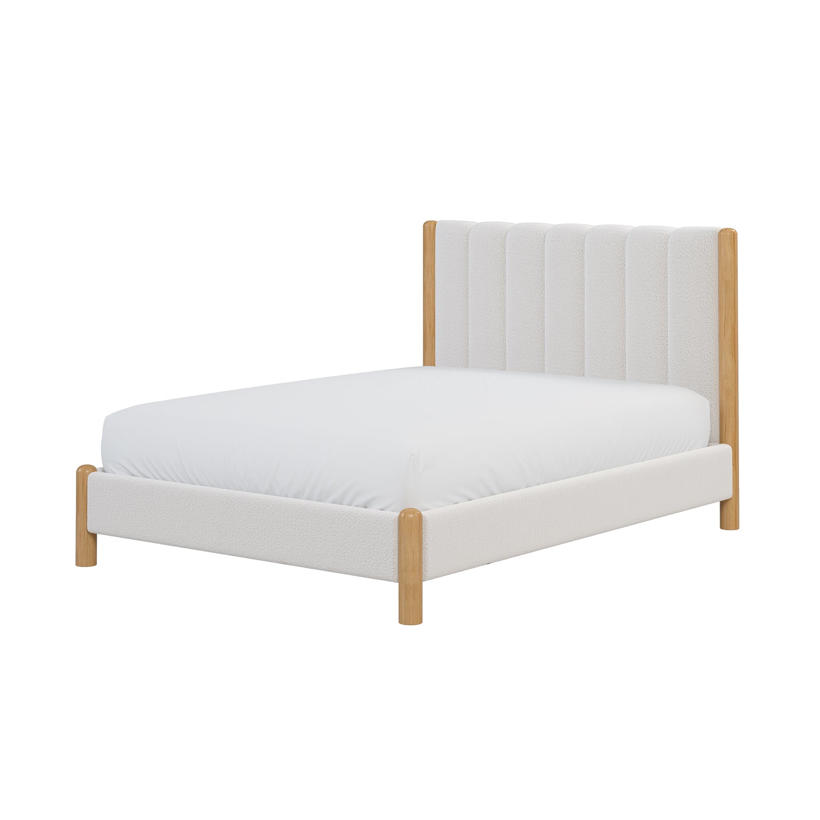 Harper Boucle Double Bed Frame – Eggshell White featuring a white cushioned surface, timber headboard, and sturdy wood legs, embodying modern style and comfort in a minimalist bedroom setting.
