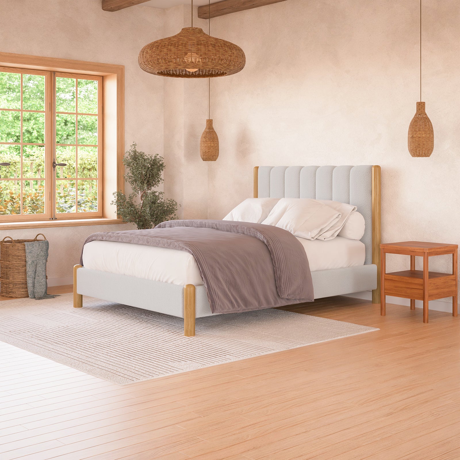 Harper Boucle Double Bed Frame in Eggshell White, featuring soft boucle upholstery with timber accents, a padded headboard, and eco-friendly rubber wood legs, perfect for modern and minimalist interiors.