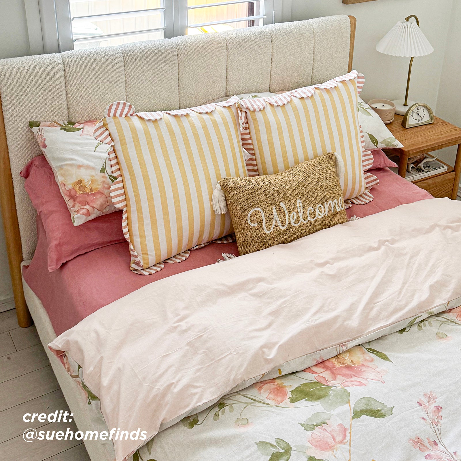 Harper Boucle Double Bed Frame – Eggshell White; features soft boucle upholstery, a padded headboard, and elegant timber accents, highlighting modern style and comfort in a compact, functional design.