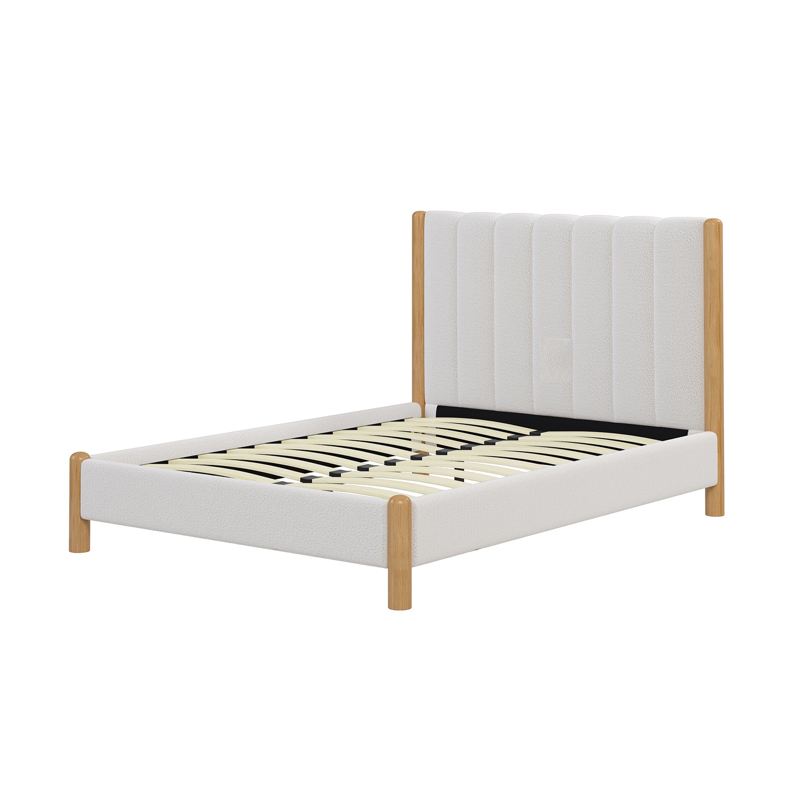 Harper Boucle Double Bed Frame – Eggshell White with black-striped design, wooden legs, and padded headboard. Featuring boucle upholstery and timber accents, it blends modern style with cozy comfort.