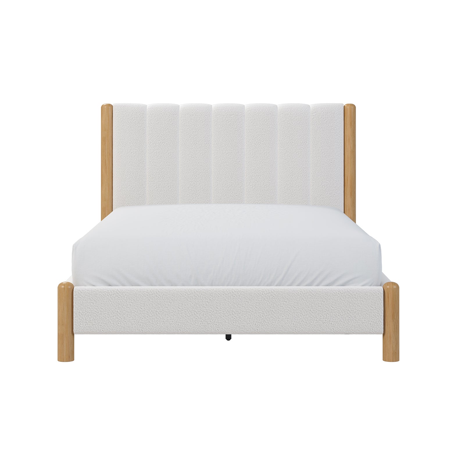 Close-up view of the Harper Boucle Double Bed Frame – Eggshell White, showcasing its premium boucle fabric upholstery and timber accents, highlighting the modern and cozy design elements of the headboard.