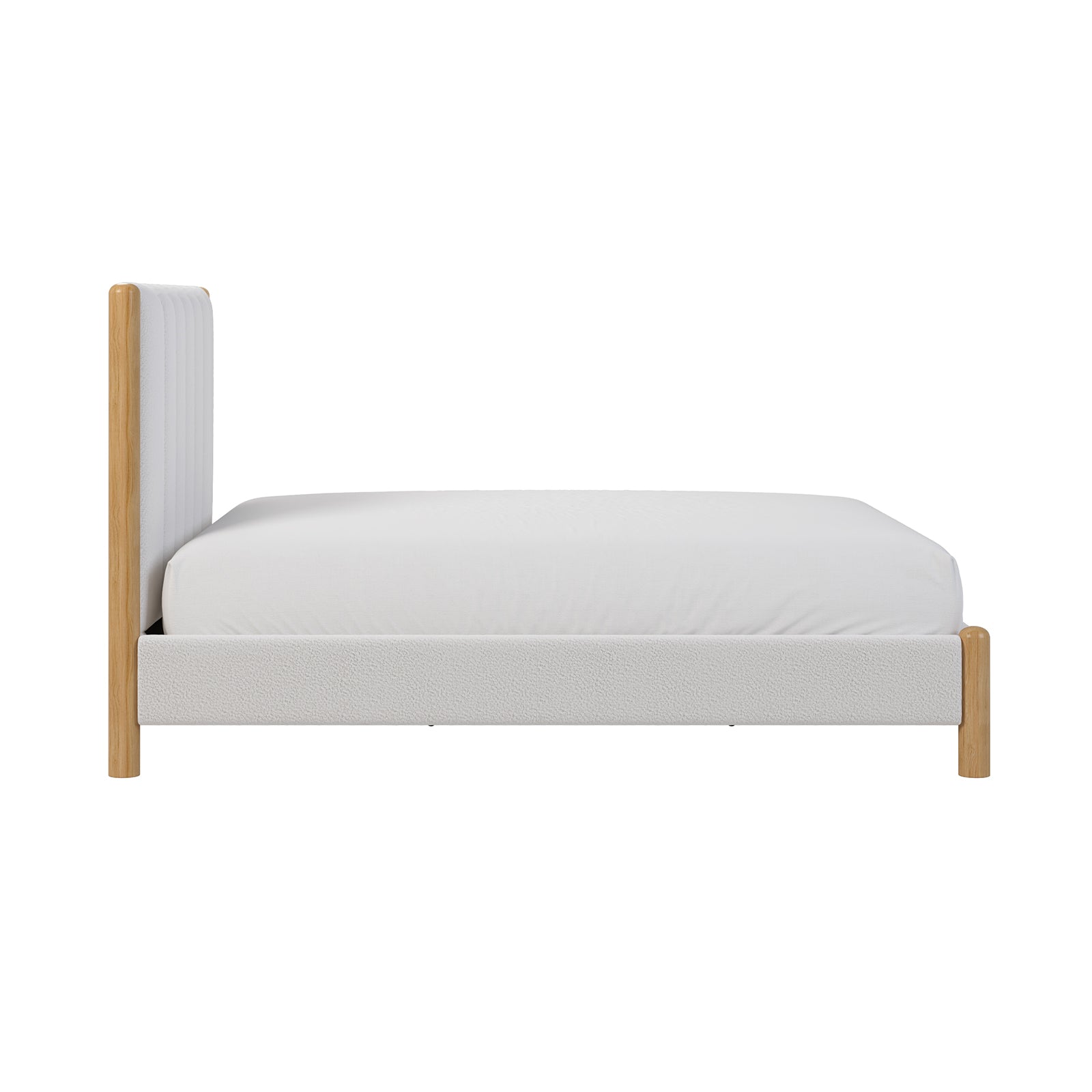 Harper Boucle Double Bed Frame – Eggshell White features a close-up of its white headboard and pillow, showcasing premium boucle fabric and hardwood accents, embodying cozy comfort and modern style.