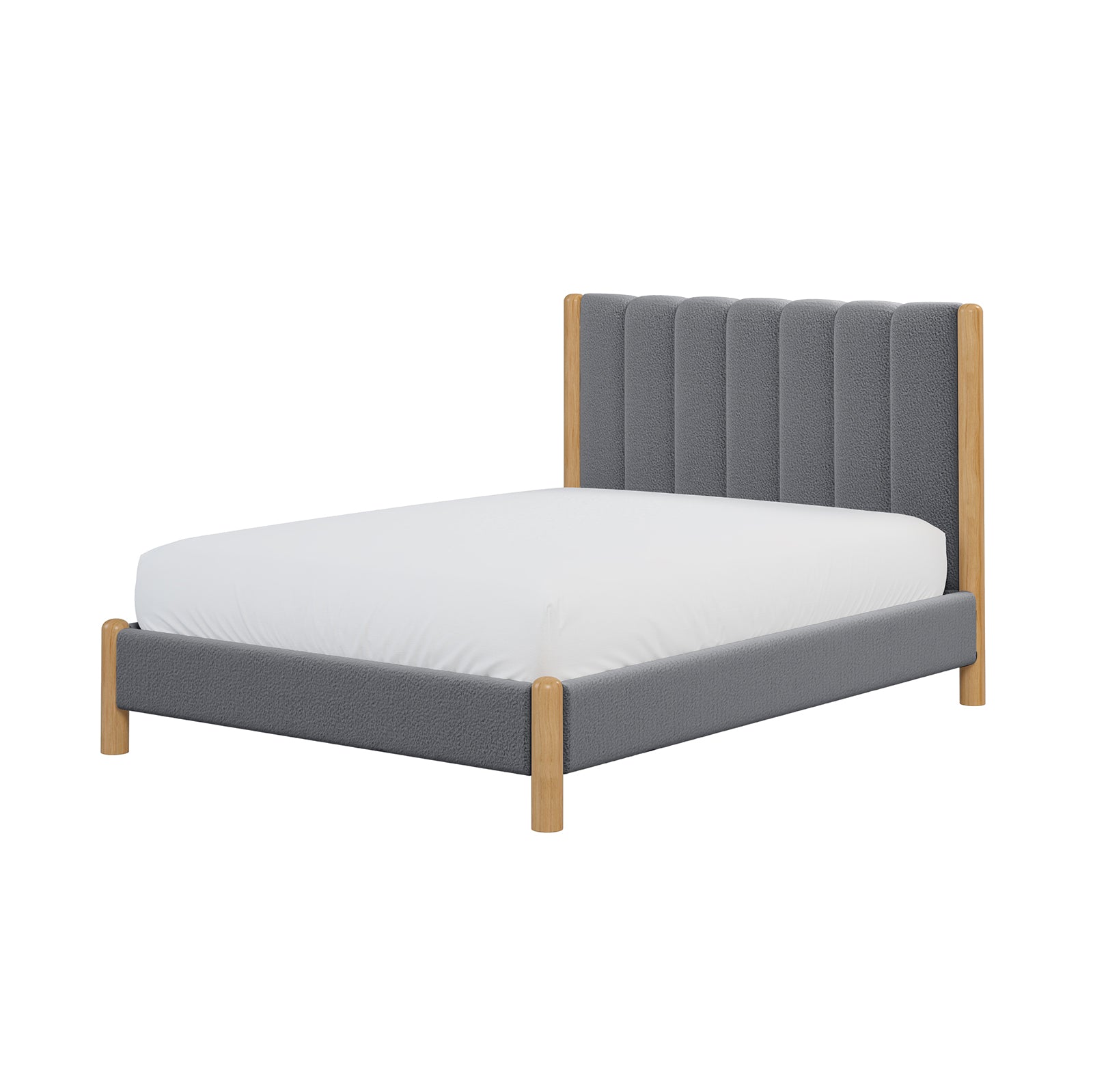 Harper Boucle Double Bed Frame – Grey features a modern design with white sheets and pillow, showcasing a plush, boucle-upholstered headboard and sturdy eucalyptus hardwood frame, ideal for stylish, durable bedroom decor.