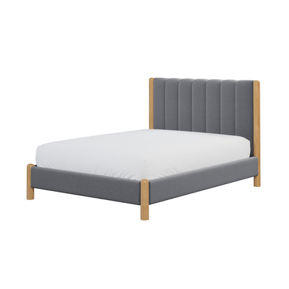 Harper Boucle Double Bed Frame – Grey features a modern design with white sheets and pillow, showcasing a plush, boucle-upholstered headboard and sturdy eucalyptus hardwood frame, ideal for stylish, durable bedroom decor.