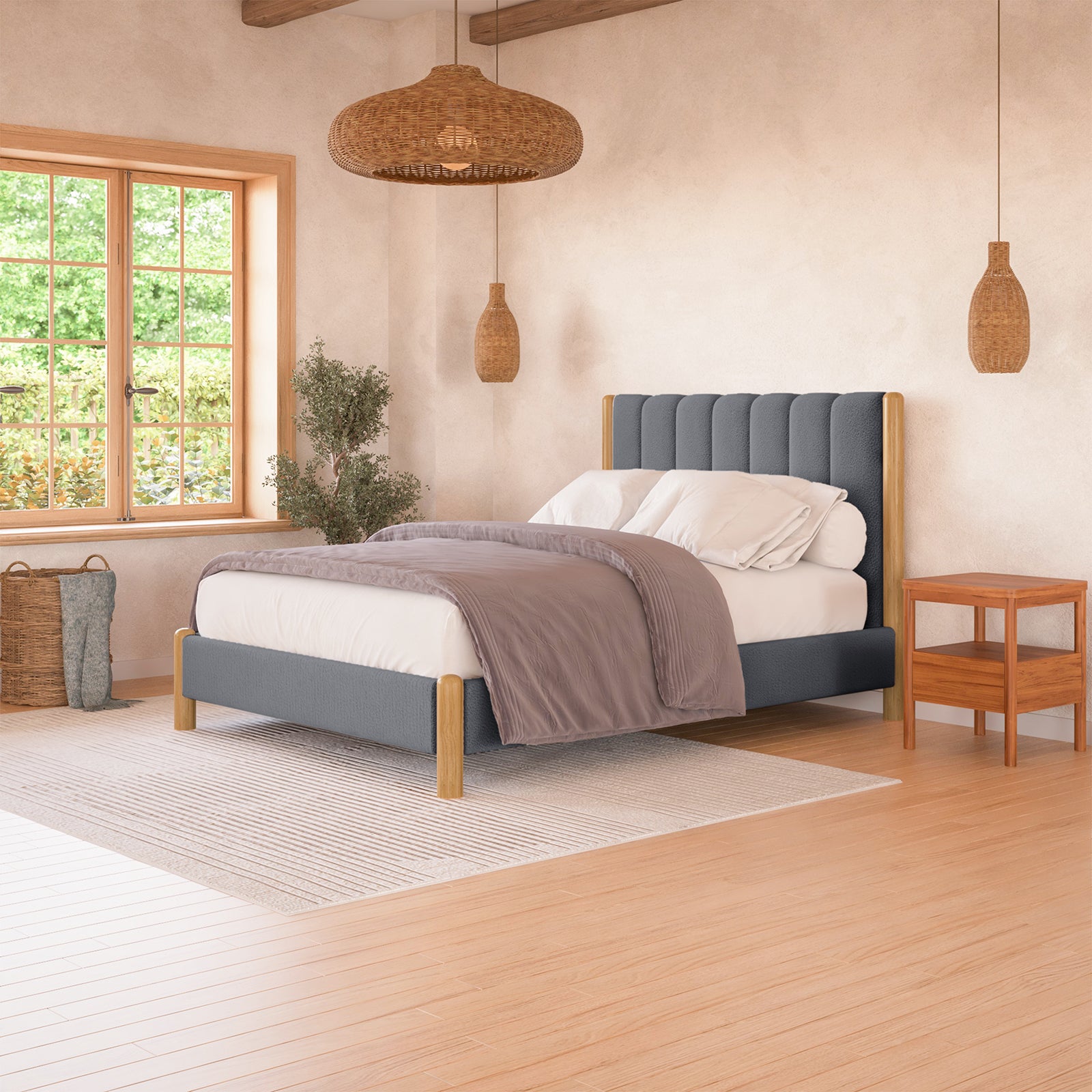 Harper Boucle Double Bed Frame – Grey: A white pillow rests on a plush boucle-upholstered bed with a padded headboard, highlighting its modern design and sturdy eucalyptus hardwood frame.