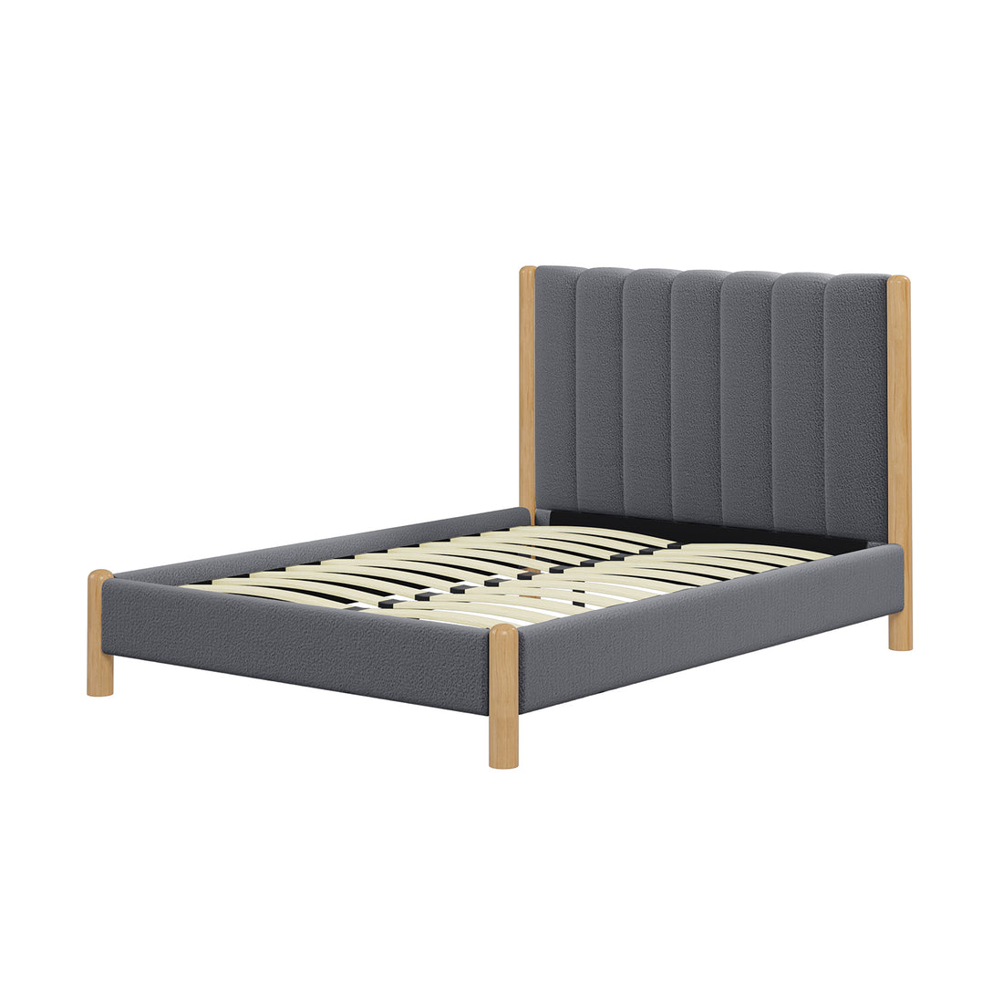 Harper Boucle Double Bed Frame – Grey, featuring a close-up of the boucle-upholstered headboard, sturdy eucalyptus hardwood frame, and eco-friendly rubber wood legs, designed for luxurious comfort and durability.