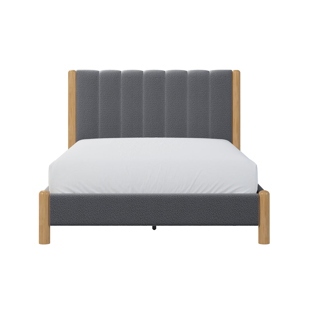 Harper Boucle Double Bed Frame – Grey, featuring a soft boucle upholstered headboard with a durable eucalyptus hardwood frame, visible wooden accents, and rubber wood legs for a modern, stylish look.