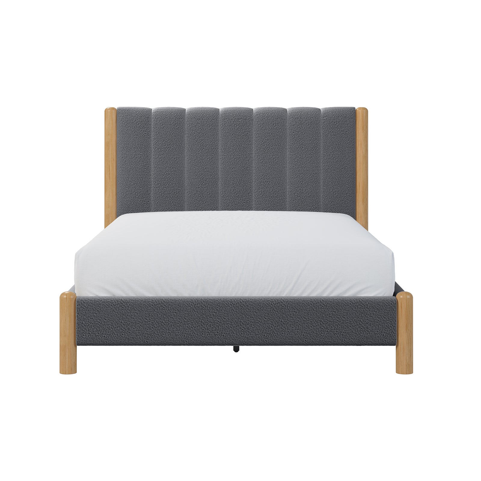 Harper Boucle Double Bed Frame – Grey, featuring a soft boucle upholstered headboard with a durable eucalyptus hardwood frame, visible wooden accents, and rubber wood legs for a modern, stylish look.
