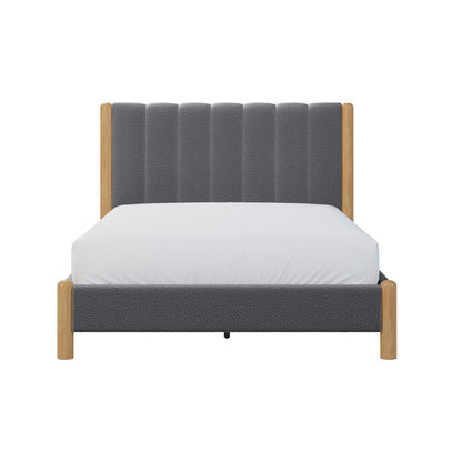 Harper Boucle Double Bed Frame – Grey, featuring a soft boucle upholstered headboard with a durable eucalyptus hardwood frame, visible wooden accents, and rubber wood legs for a modern, stylish look.