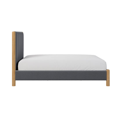 Harper Boucle Double Bed Frame showcasing its boucle upholstery and padded headboard, emphasizing its modern design and sturdy construction with eucalyptus hardwood and rubber wood legs.