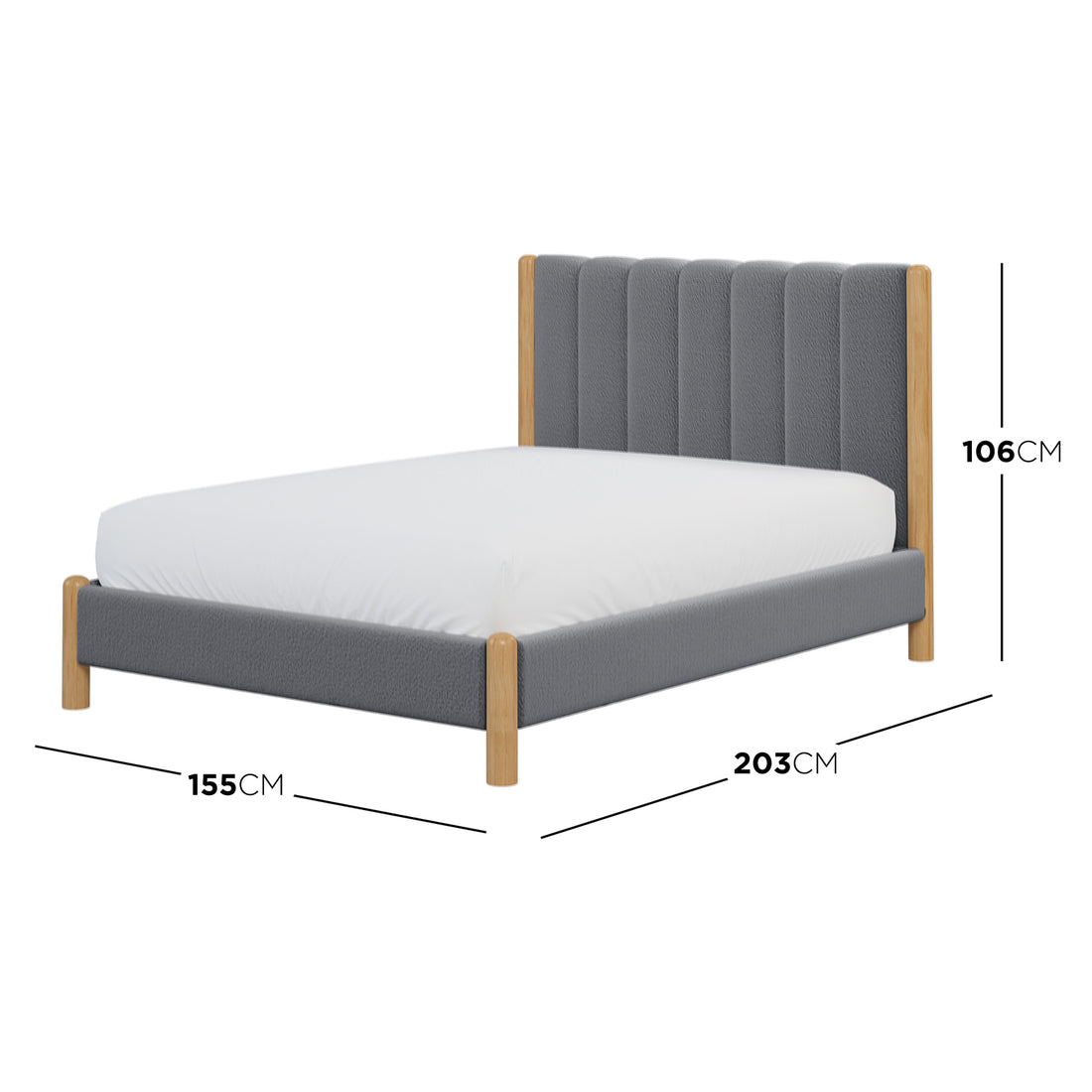 Harper Boucle Double Bed Frame – Grey, showcasing a modern, stylish design with soft boucle upholstery, a padded headboard, and an eucalyptus hardwood frame, ideal for comfort and durability.