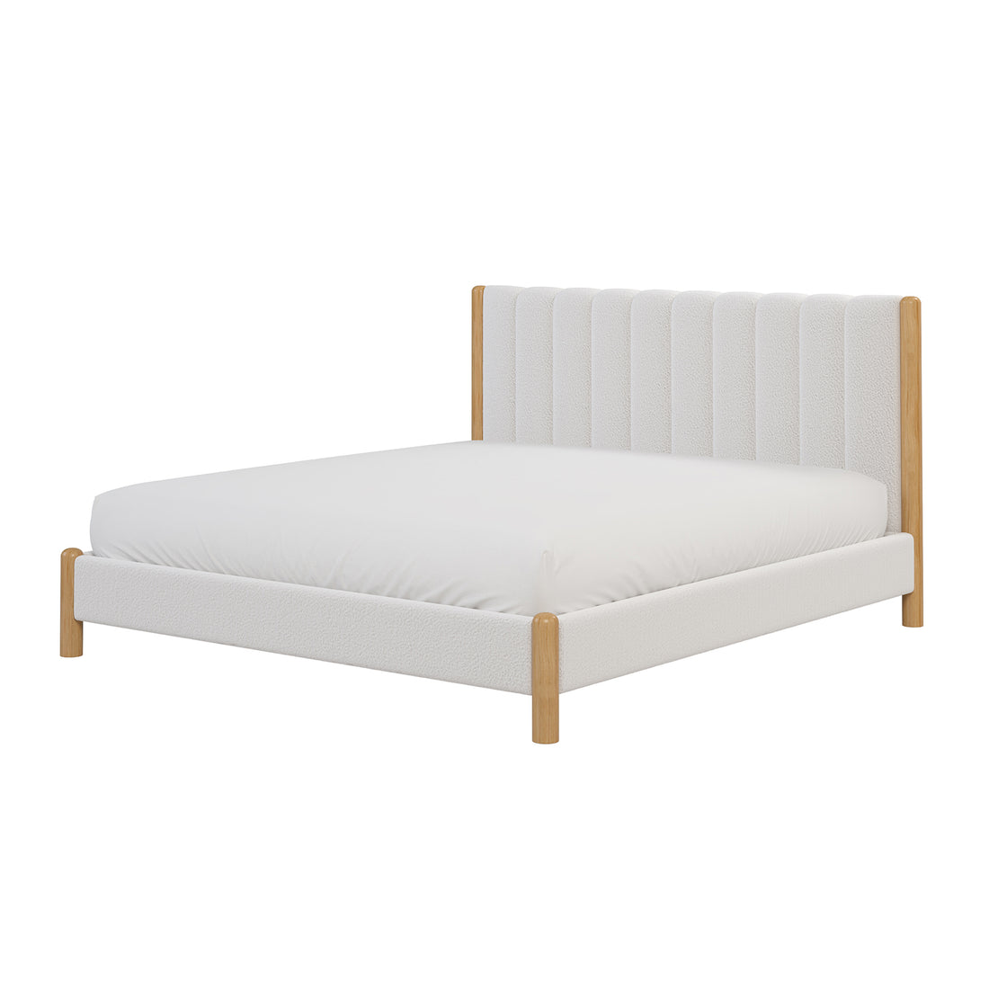 Harper Boucle King Bed Frame – Eggshell White features a close-up of a plush white upholstered bed with natural wood legs, showcasing its modern design and premium boucle fabric texture.
