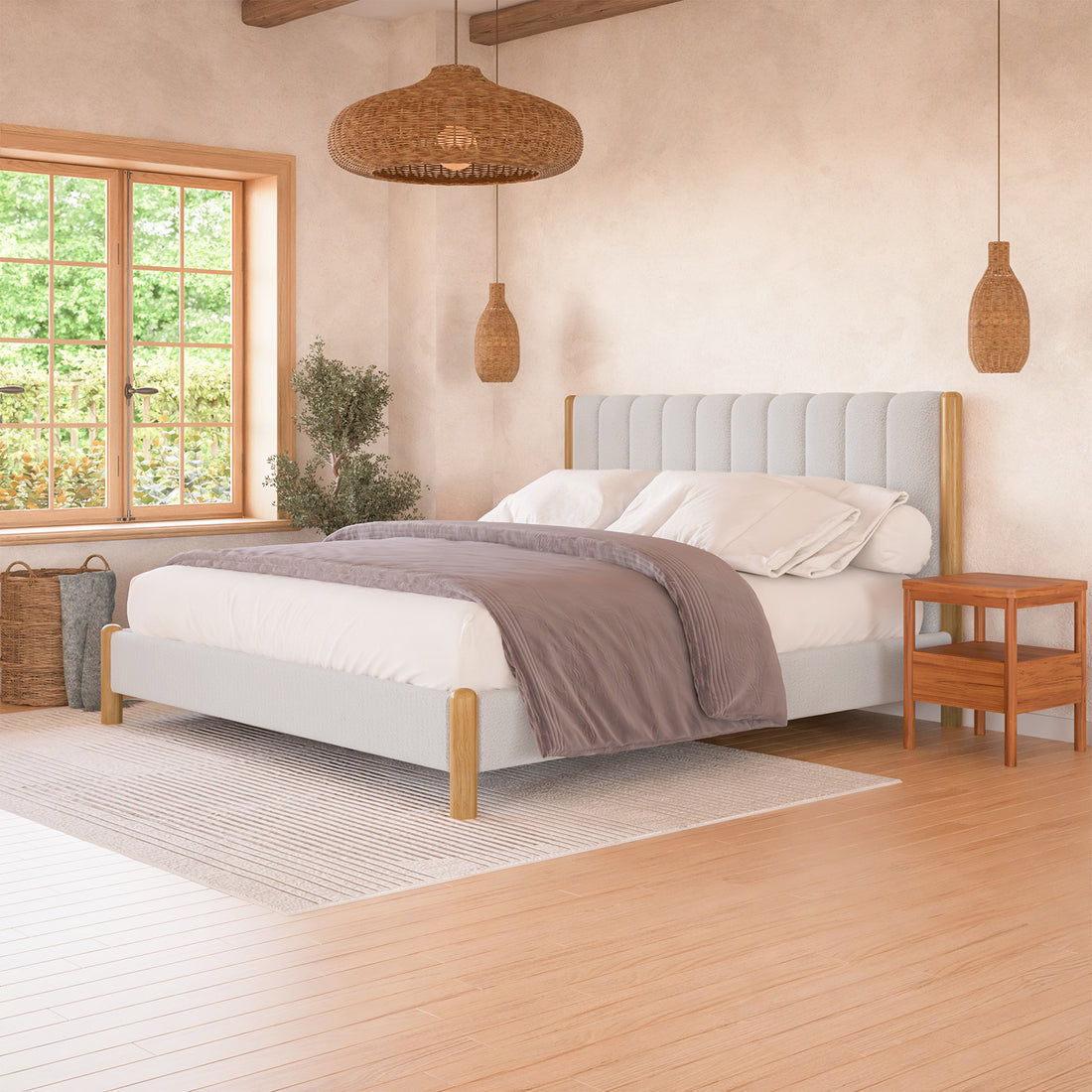 Harper Boucle King Bed Frame – Eggshell White, featuring a plush, boucle-upholstered headboard with natural wood accents, displayed in a sophisticated interior setting with visible wood floor and furniture elements.