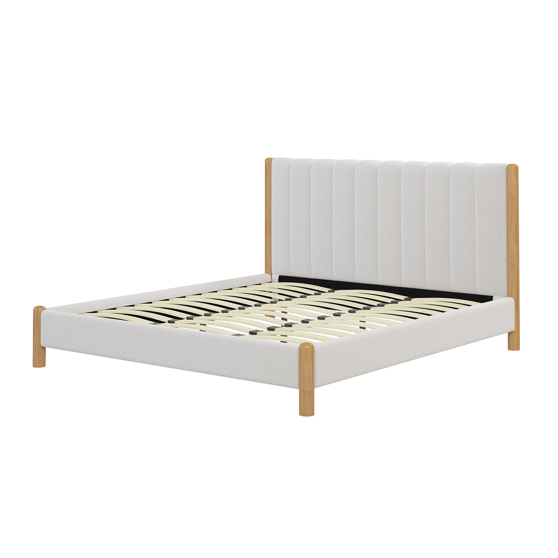 Harper Boucle King Bed Frame – Eggshell White, featuring a plush boucle-upholstered headboard and sturdy wooden legs, designed for modern elegance and comfort, ideal for contemporary bedroom decor.