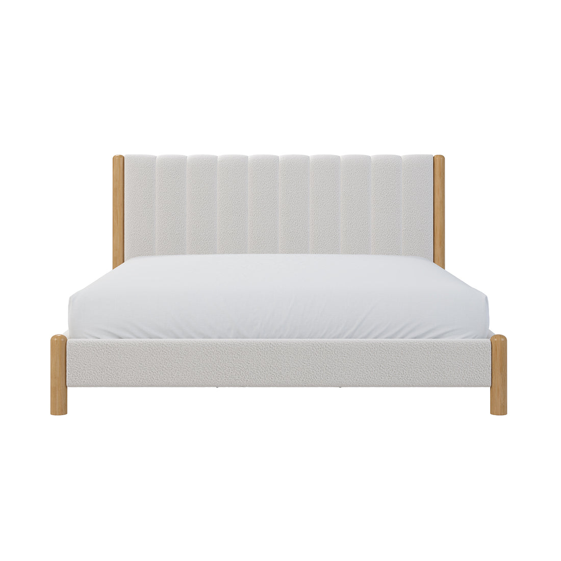 Harper Boucle King Bed Frame – Eggshell White, showcasing a plush, textured headboard and soft boucle upholstery, supported by sturdy eucalyptus hardwood with elegant natural wood accents.