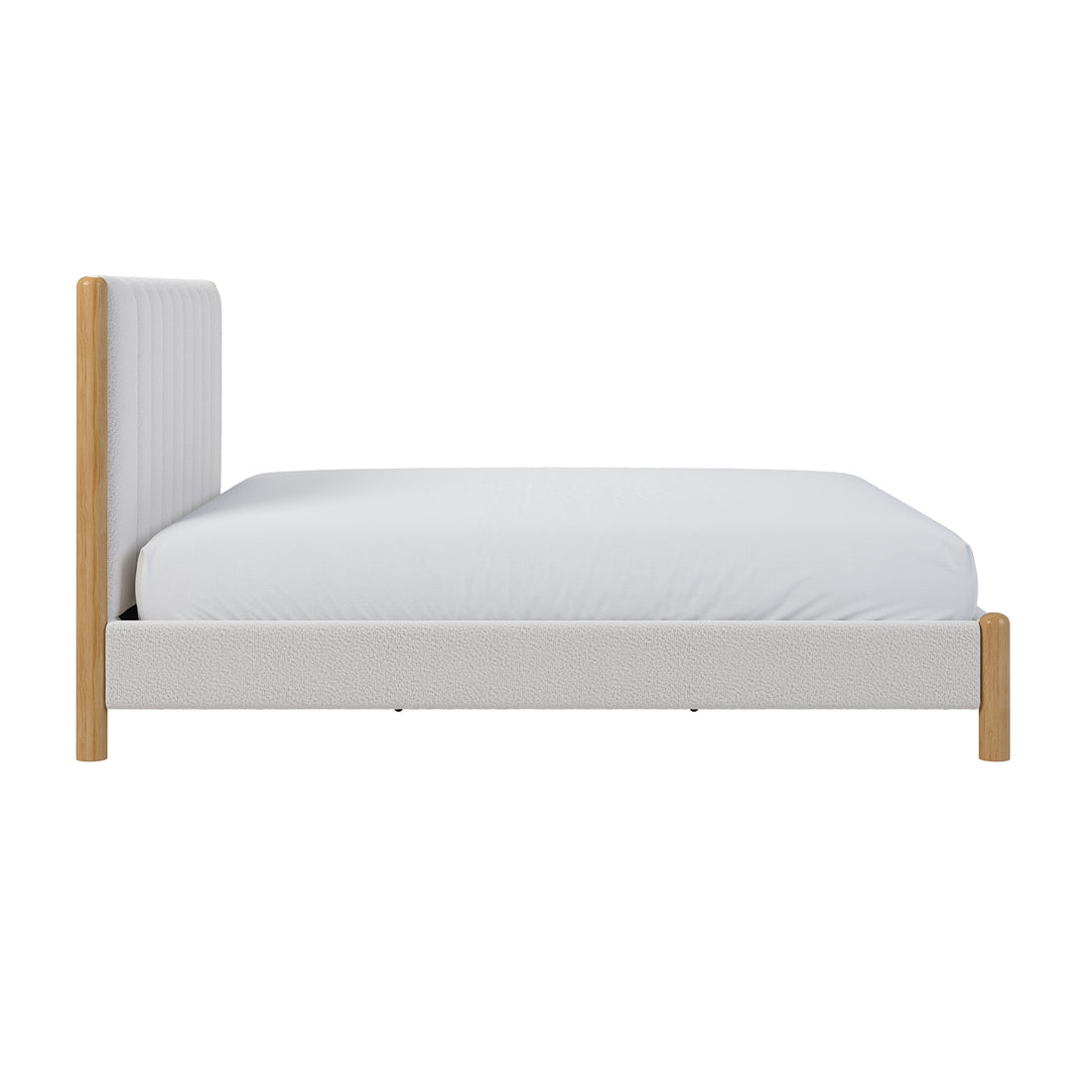 Harper Boucle King Bed Frame – Eggshell White: Close-up of the plush boucle upholstery and sturdy eucalyptus hardwood, showcasing the padded headboard's texture and natural wood accents for a designer, cozy bedroom look.